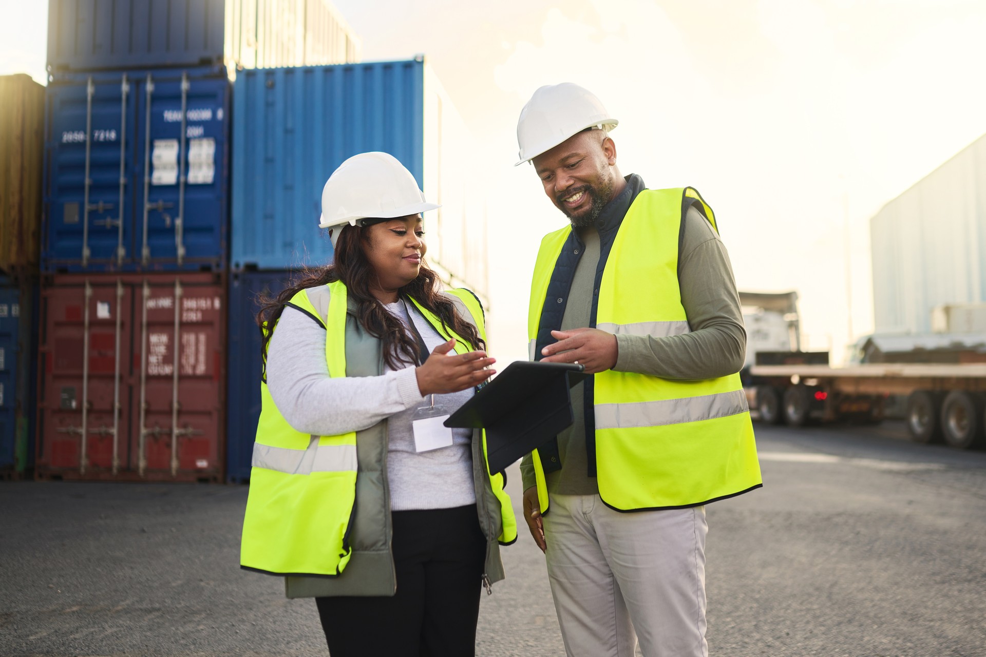 Logistics, tablet and black woman and man in container shipping yard checking online inventory list. Industrial cargo area, African workers in safety gear working for global freight delivery company.